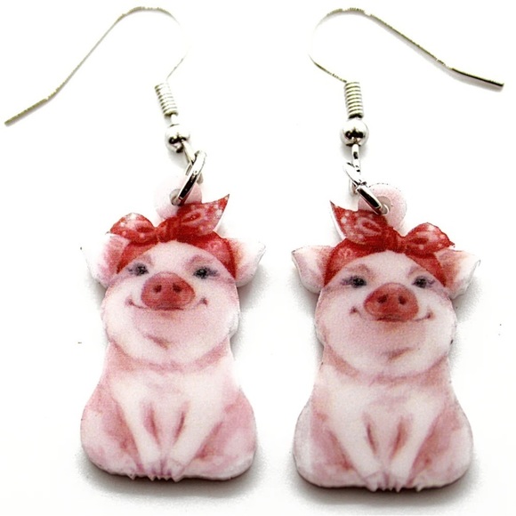 Jewelry - Cute Retro Pig in Bandanna Acrylic Earrings